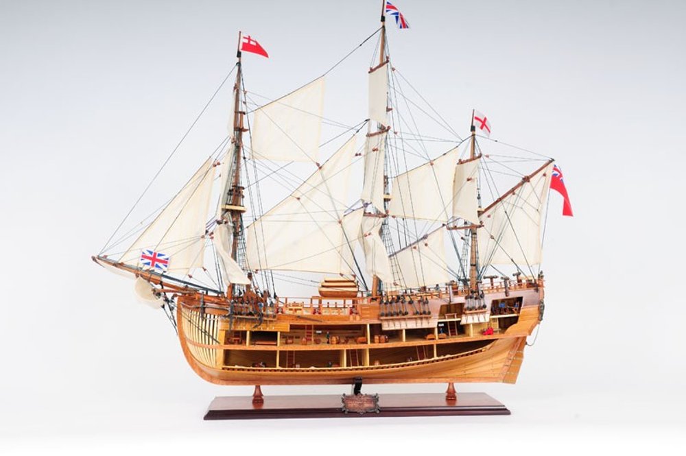 34" Wood Brown Solid Wood Hand Painted HMS Endeavour 1768 Open Hull Model Boat HomeRoots
