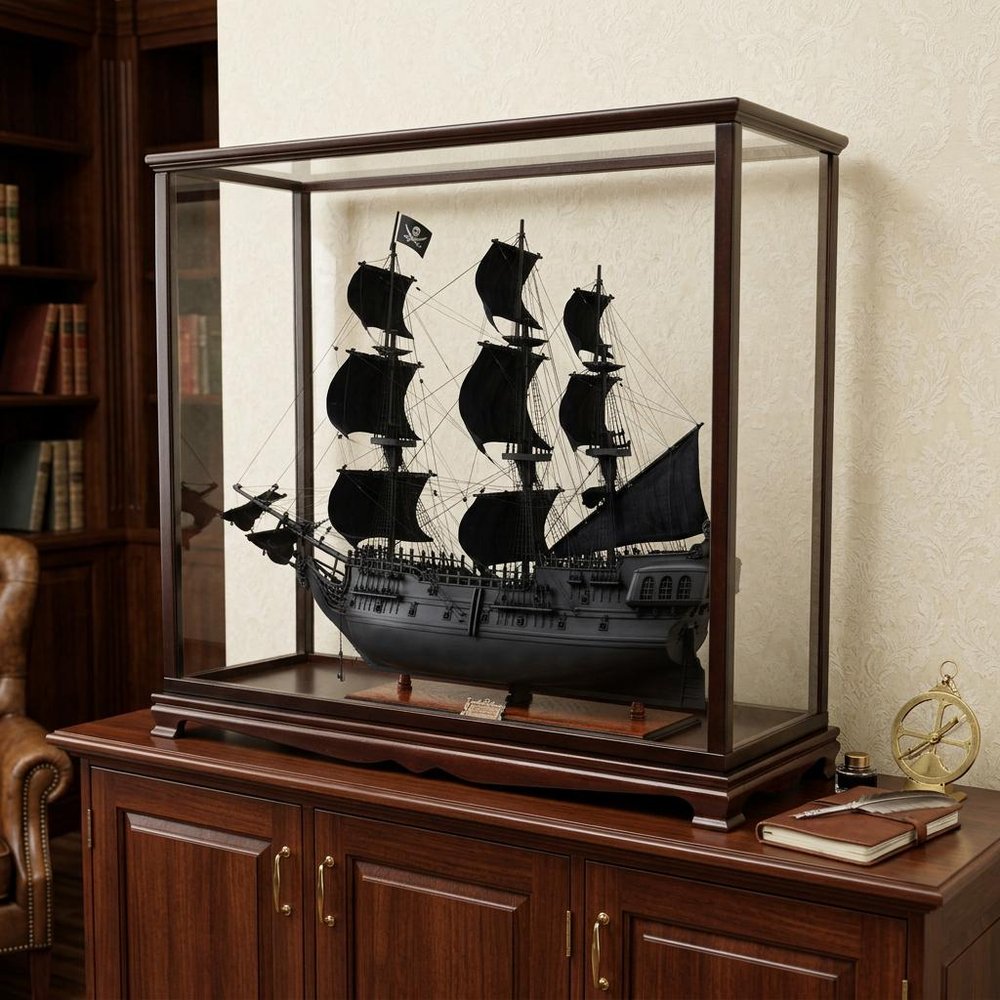39" Black Solid Wood Hand Painted Black Pearl Pirate Table Top Display Model Boat HomeRoots