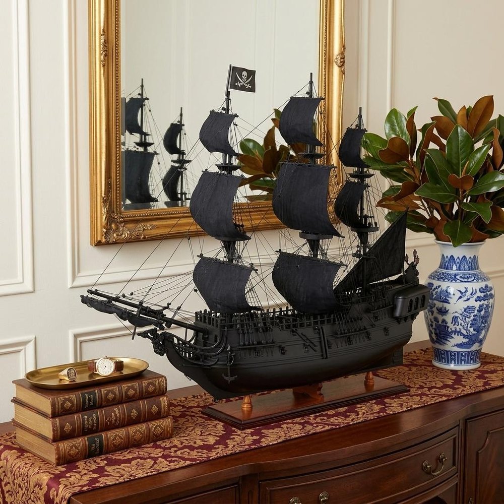 24" Black Solid Wood Hand Painted Model Boat Tabletop Sculpture HomeRoots