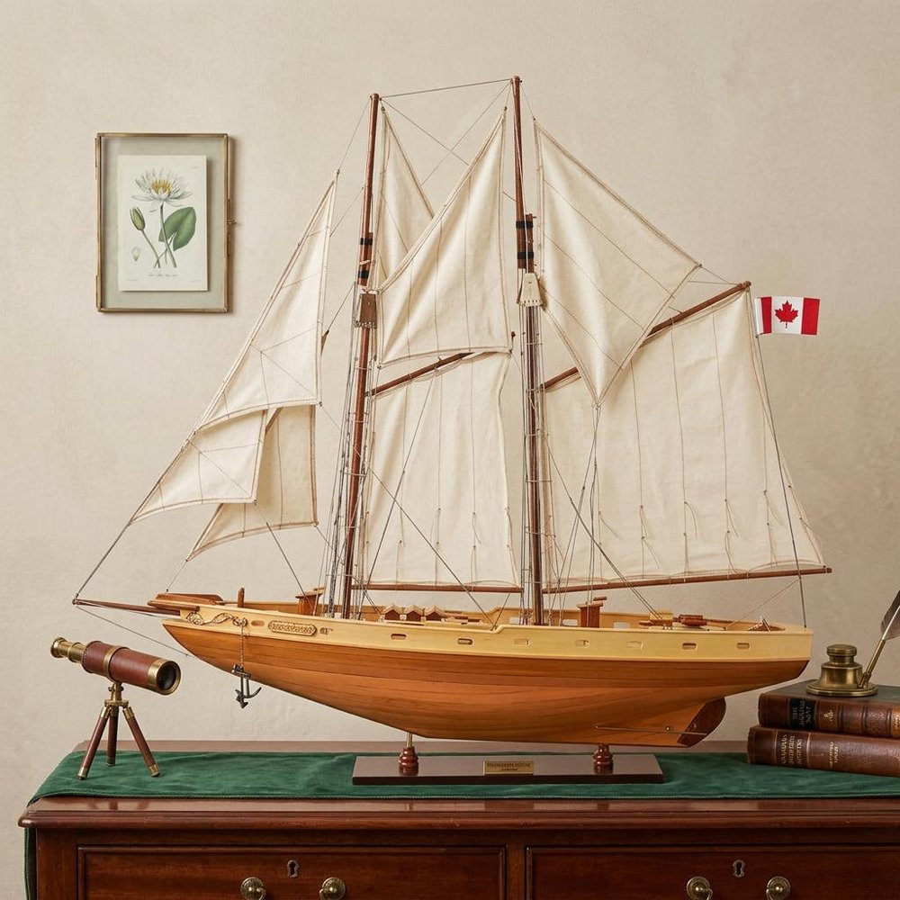 33" Wood Brown Solid Wood Hand Painted Bluenose II Model Boat HomeRoots