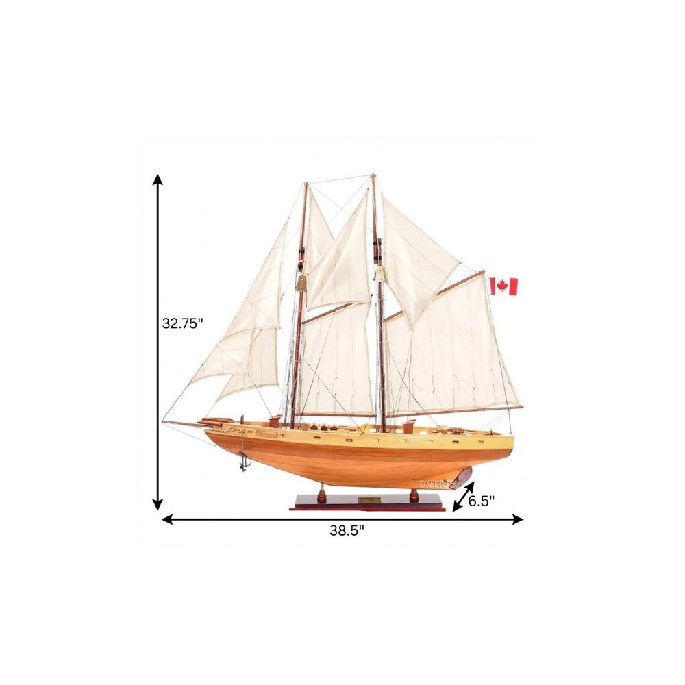 33" Wood Brown Solid Wood Hand Painted Bluenose II Model Boat HomeRoots