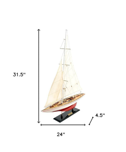 32" Red and White Solid Wood Hand Painted p-Oxybis(benzenesulfonyl hydrazide) Model Boat HomeRoots