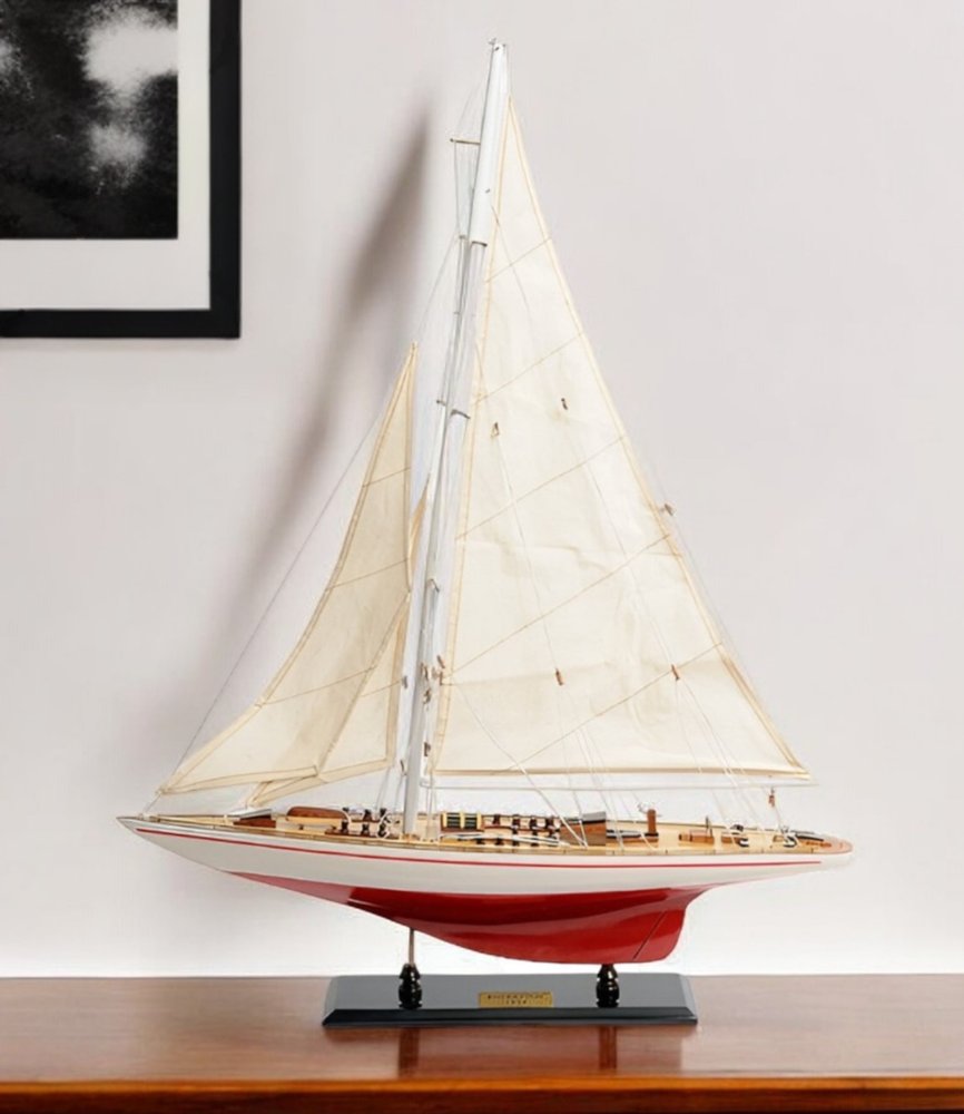 32" Red and White Solid Wood Hand Painted p-Oxybis(benzenesulfonyl hydrazide) Model Boat HomeRoots