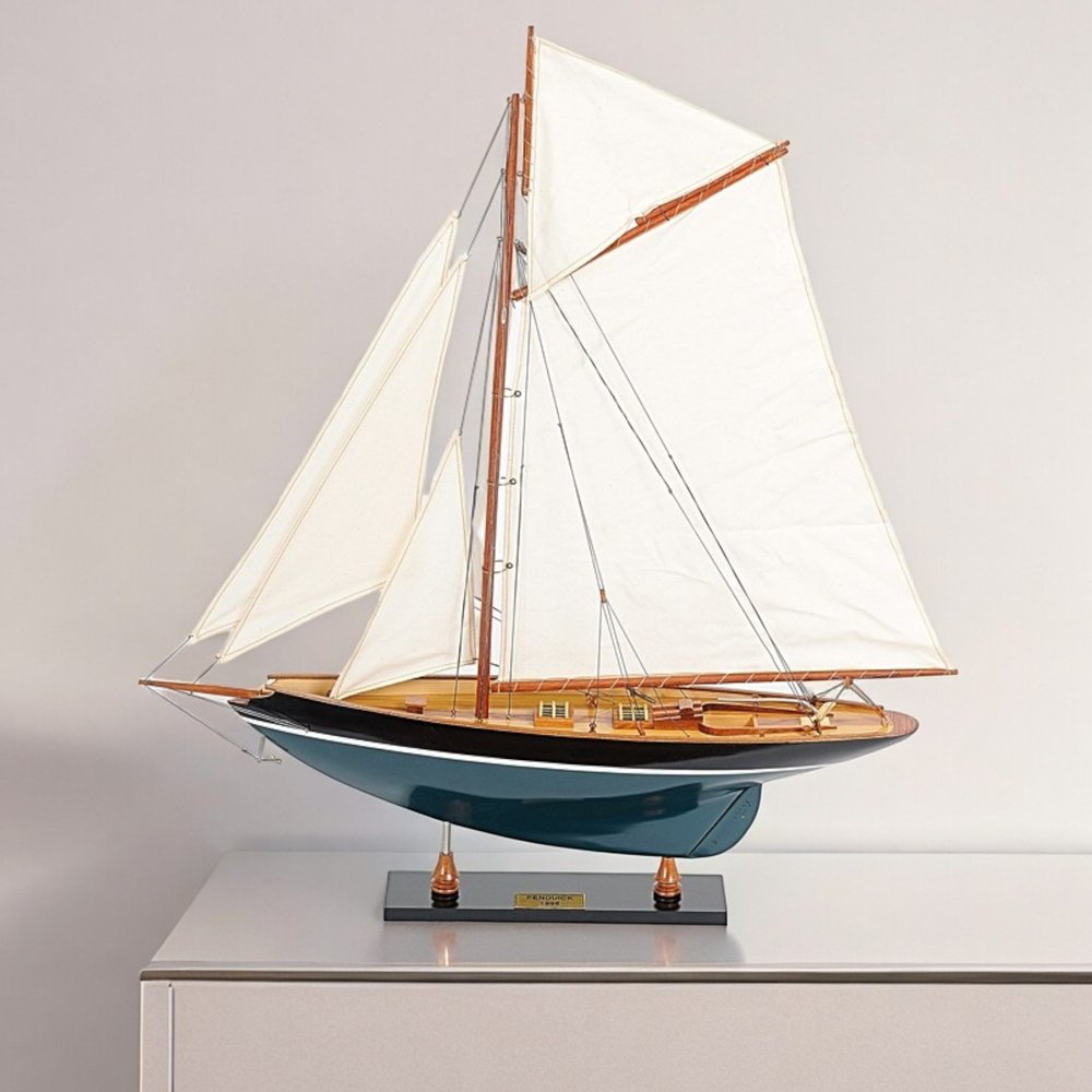 31" Black Blue And White Solid Wood Pen Duick Hand Painted Model Sail Boat HomeRoots