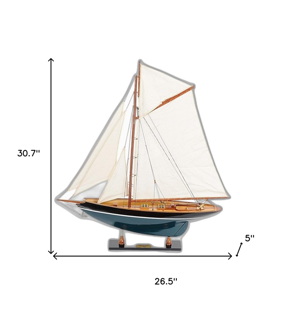 31" Black Blue And White Solid Wood Pen Duick Hand Painted Model Sail Boat HomeRoots