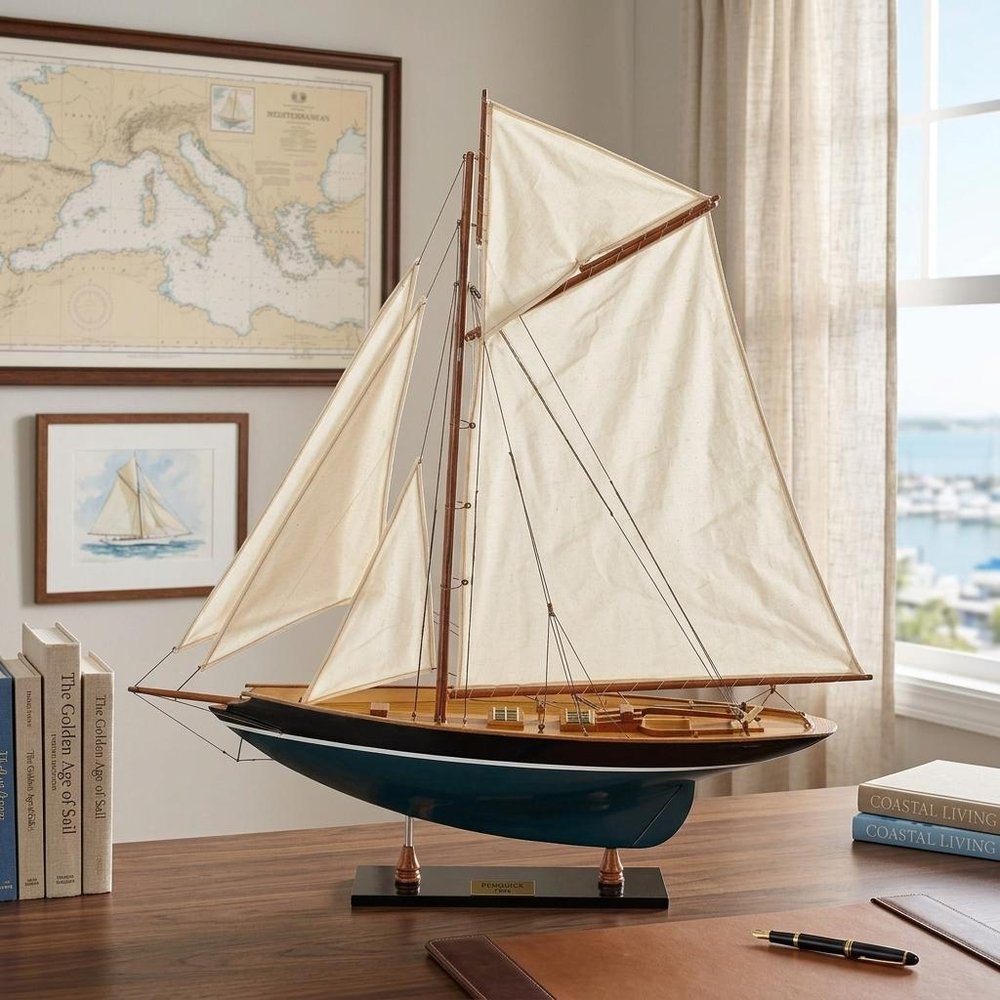 31" Black Blue And White Solid Wood Pen Duick Hand Painted Model Sail Boat HomeRoots