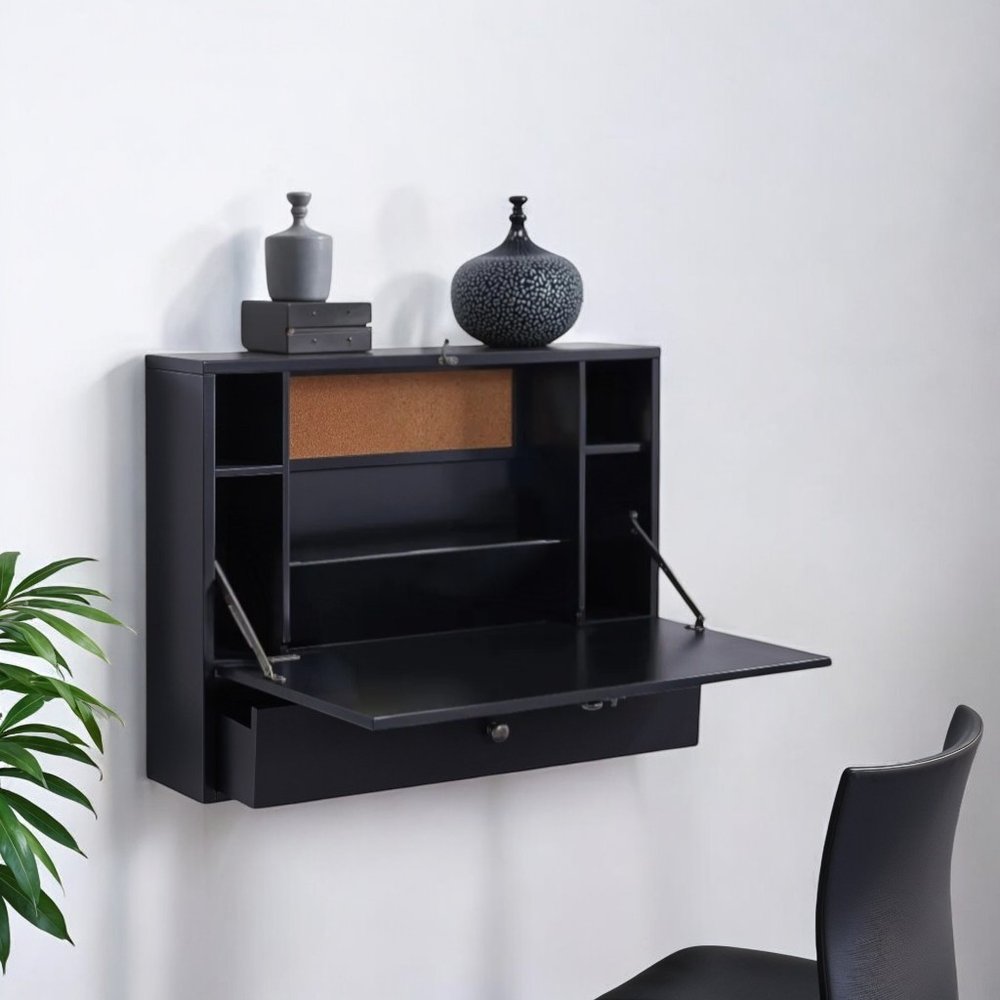 26" Black Wood Wall Mounted Folding Floating Desk HomeRoots