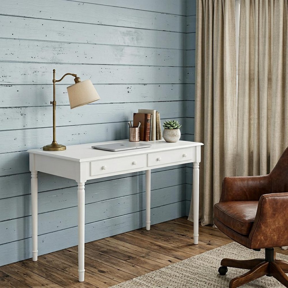 43" White Solid Wood Writing Desk With Two Drawers HomeRoots