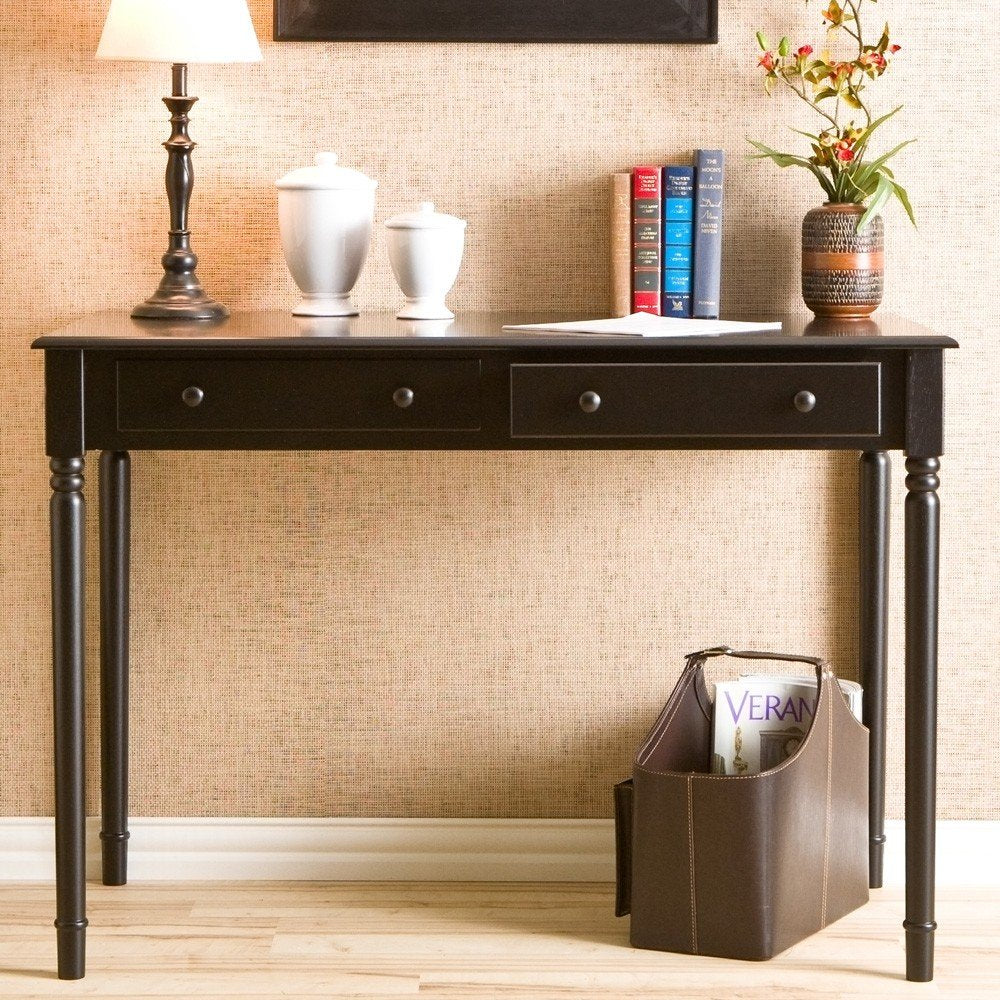 43" Black Fir Solid Wood Writing Desk With Two Drawers HomeRoots
