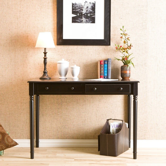 43" Black Fir Solid Wood Writing Desk With Two Drawers HomeRoots
