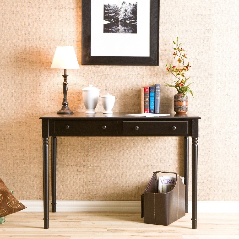 43" Black Fir Solid Wood Writing Desk With Two Drawers HomeRoots