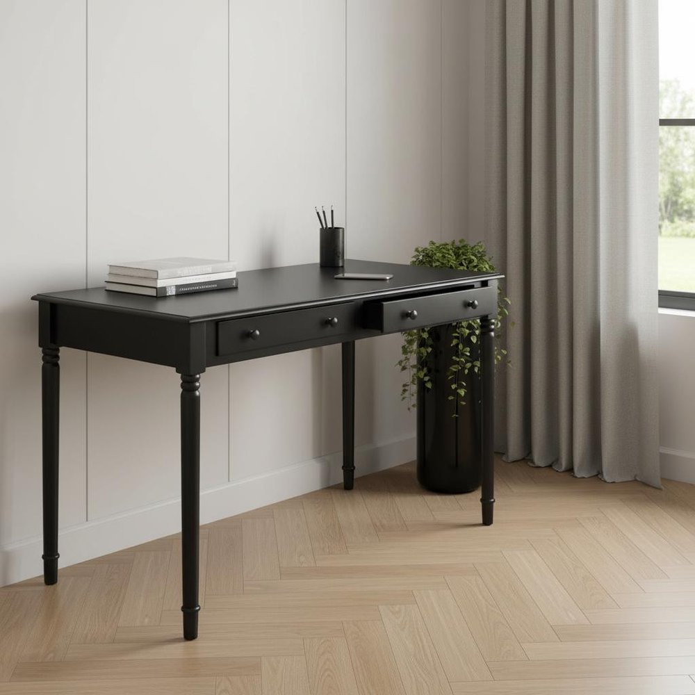 43" Black Fir Solid Wood Writing Desk With Two Drawers HomeRoots