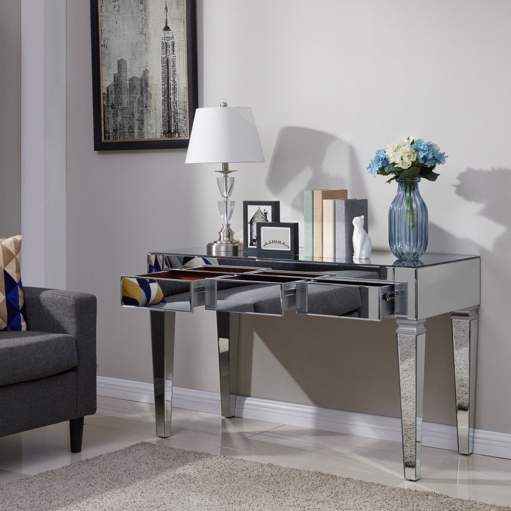 47" Silver Mirrored Writing Desk With Three Drawers HomeRoots