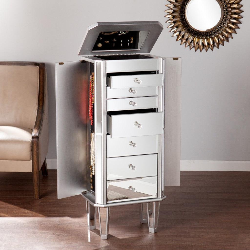 18" Silver Mirrored Writing Desk With Seven Drawers - FurniFindUSA