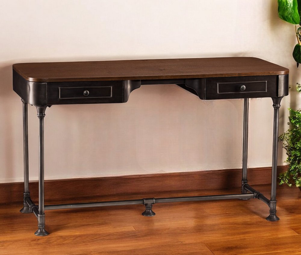 50" Brown And Silver Writing Desk With Two Drawers HomeRoots