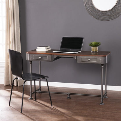 50" Brown And Silver Writing Desk With Two Drawers HomeRoots