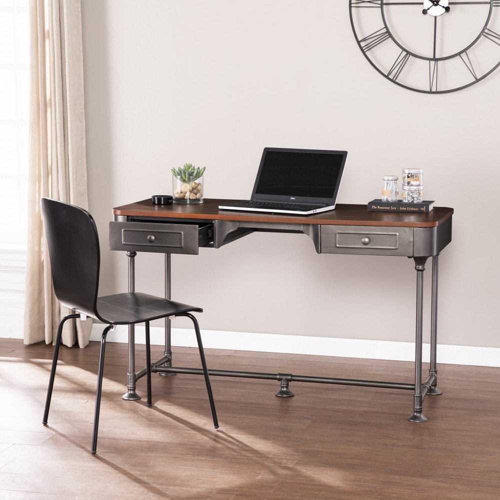 50" Brown And Silver Writing Desk With Two Drawers HomeRoots