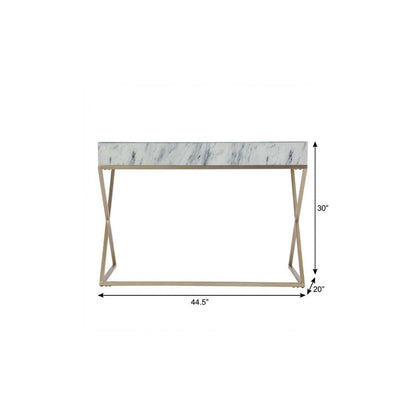 45" White and Bronze Glass and Iron Sled With Two Drawers HomeRoots