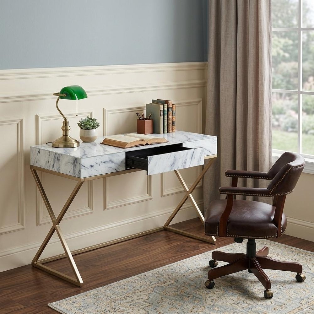 45" White and Bronze Glass and Iron Sled With Two Drawers HomeRoots