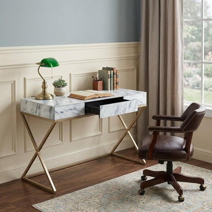 45" White and Bronze Glass and Iron Sled With Two Drawers HomeRoots