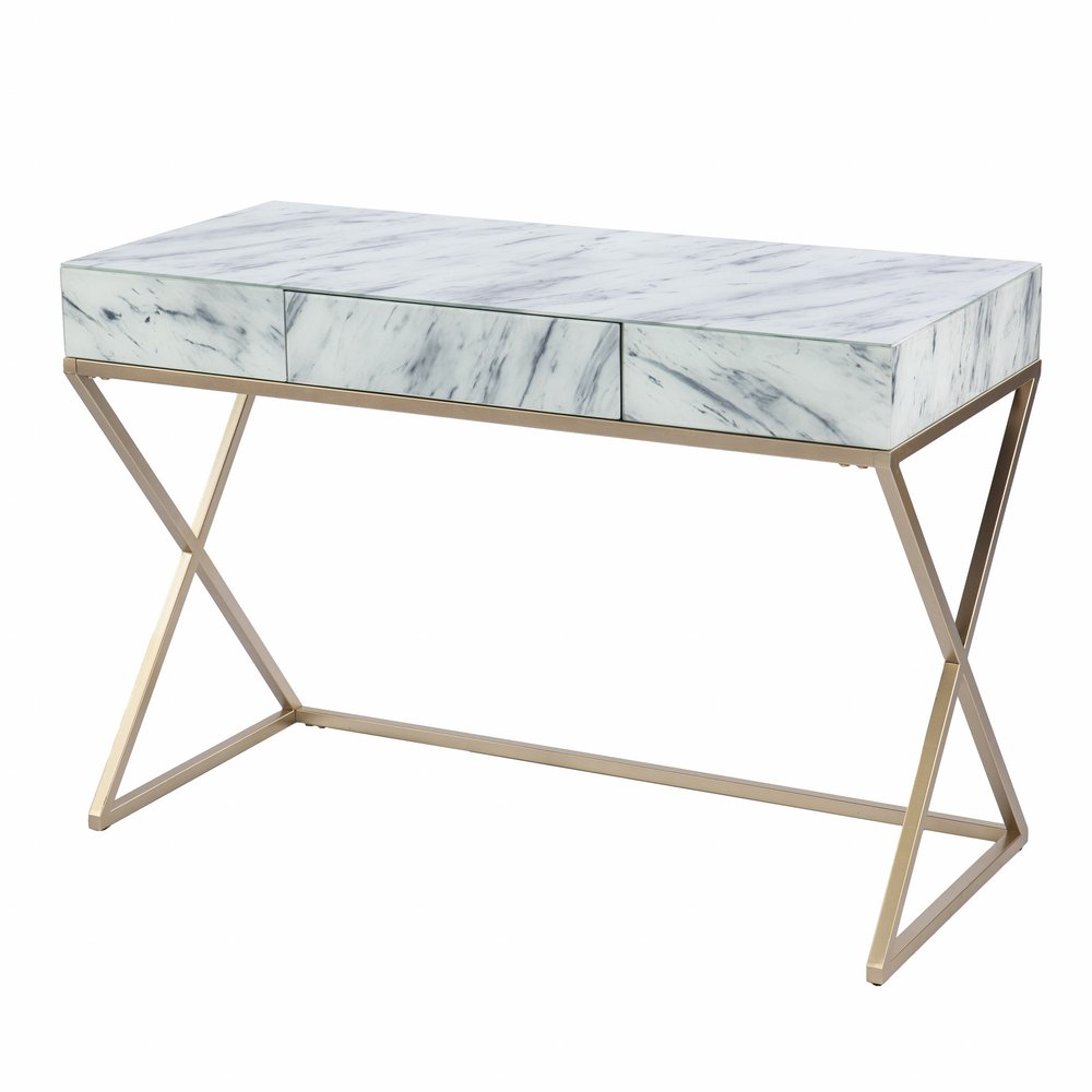 45" White and Bronze Glass and Iron Sled With Two Drawers HomeRoots