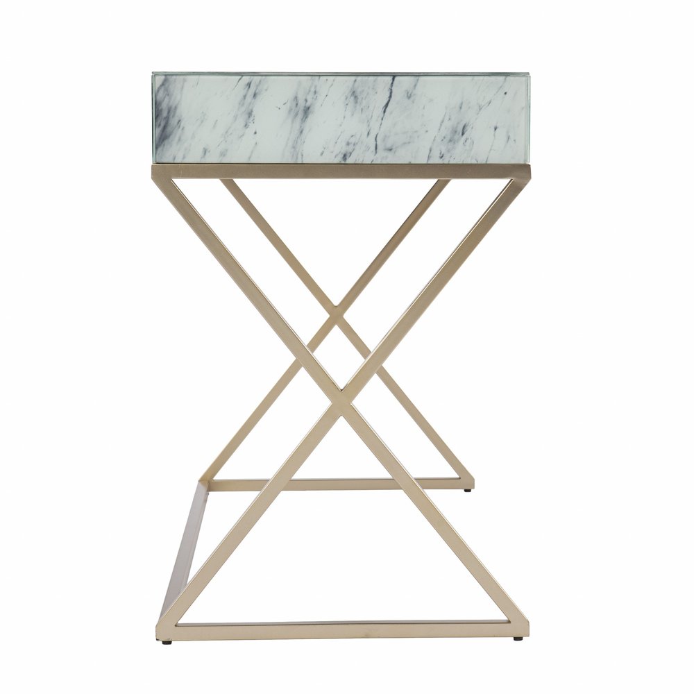 45" White and Bronze Glass and Iron Sled With Two Drawers HomeRoots
