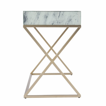 45" White and Bronze Glass and Iron Sled With Two Drawers HomeRoots