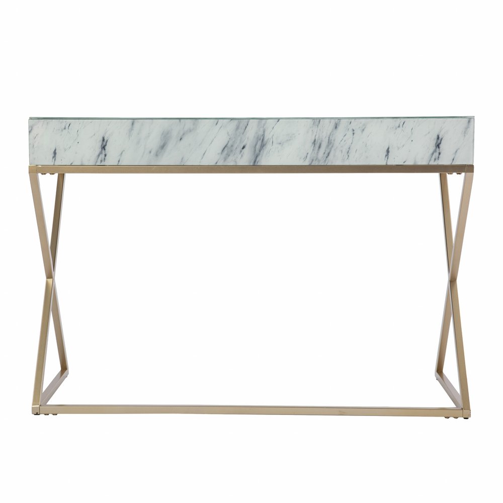 45" White and Bronze Glass and Iron Sled With Two Drawers HomeRoots