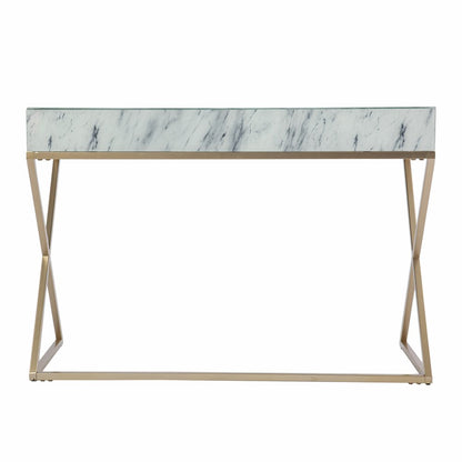 45" White and Bronze Glass and Iron Sled With Two Drawers HomeRoots