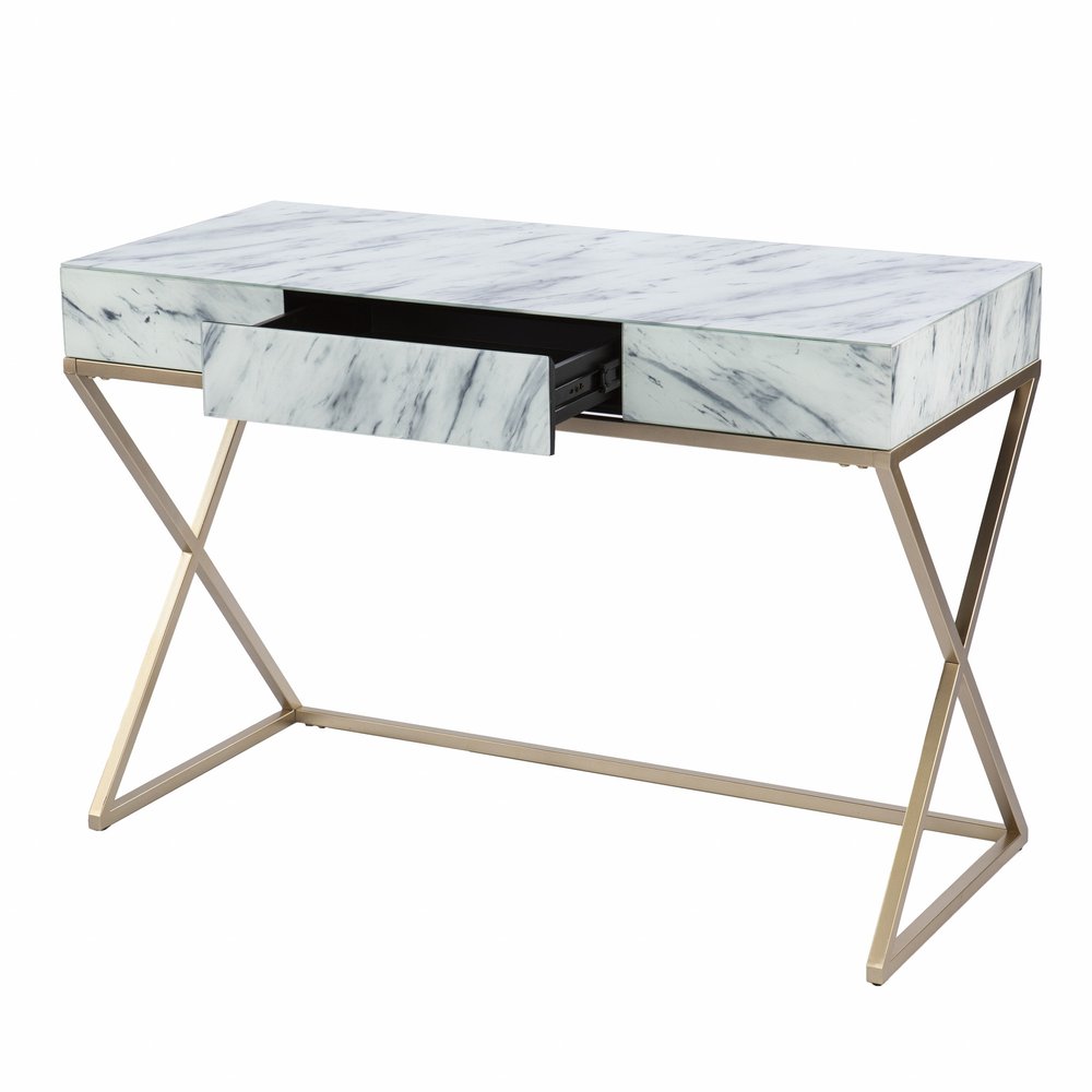 45" White and Bronze Glass and Iron Sled With Two Drawers HomeRoots