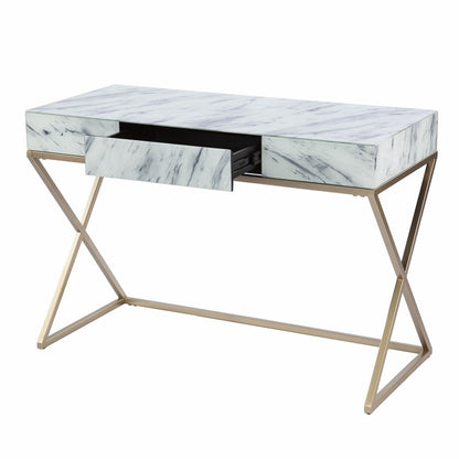 45" White and Bronze Glass and Iron Sled With Two Drawers HomeRoots
