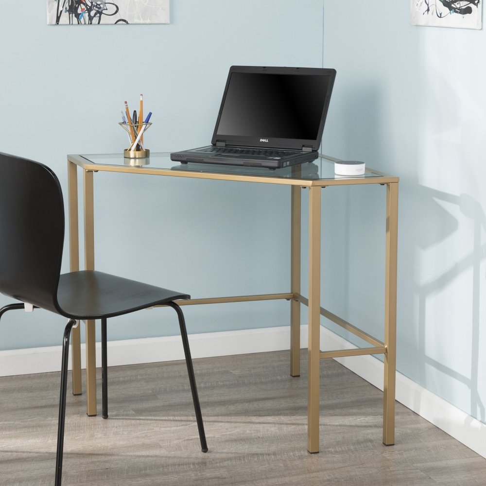 42" Clear and Gold Glass and Iron Corner Writing Desk HomeRoots