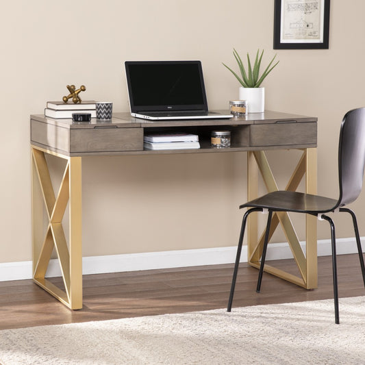 45" Gray and Gold Writing Desk With Two Drawers