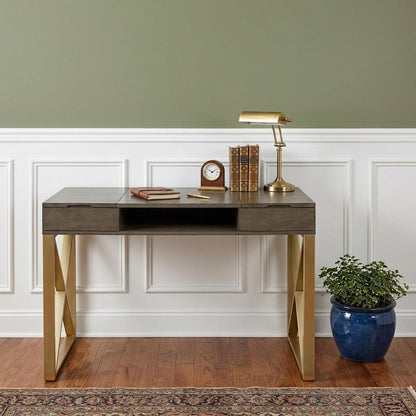 45" Gray and Gold Wood Sled With Two Drawers HomeRoots