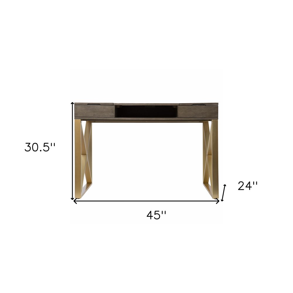 45" Gray and Gold Wood Sled With Two Drawers HomeRoots