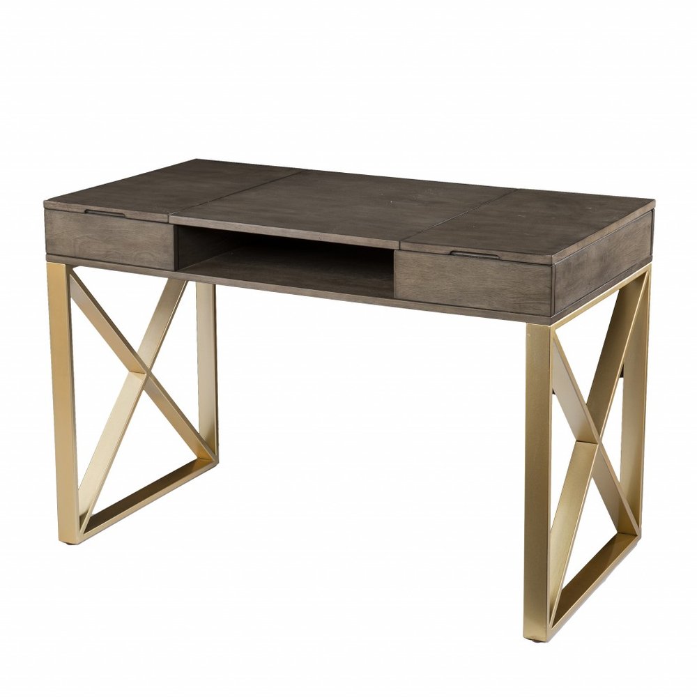 45" Gray and Gold Wood Sled With Two Drawers HomeRoots
