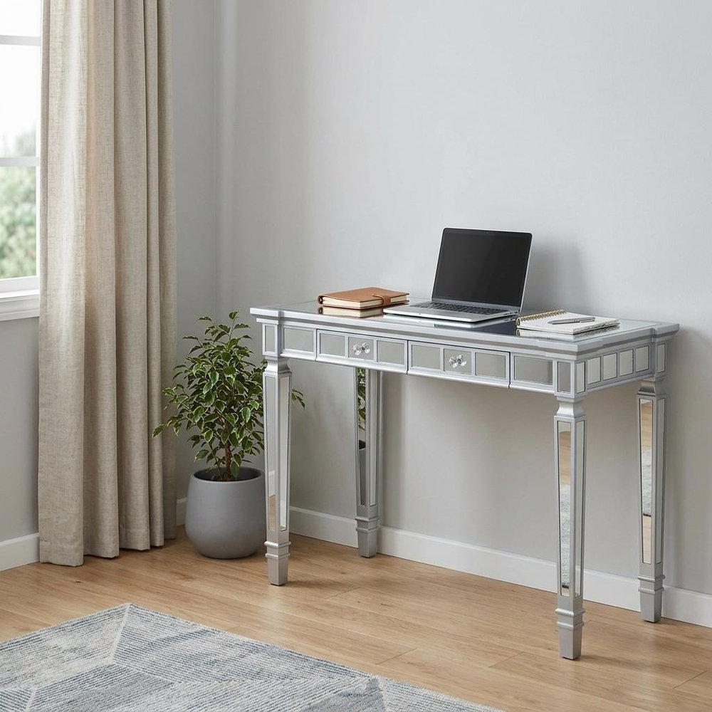 47" Silver Wood Mirrored With Two Drawers HomeRoots
