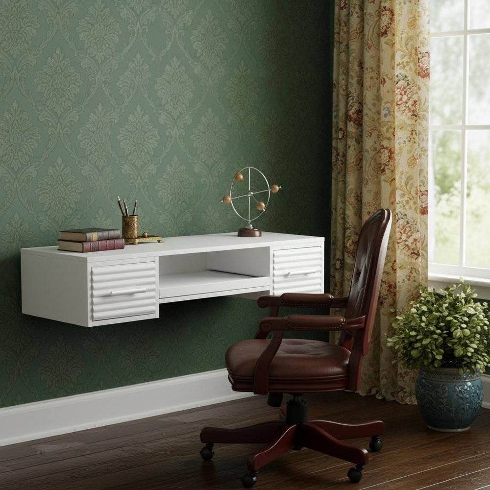 White Wall Mount Desk with Drawers — view 5