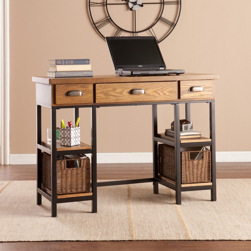 42" Gray And Black Writing Desk With Three Drawers — view 1
