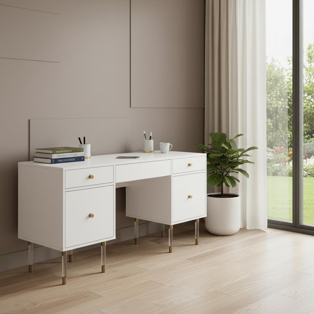 55" White Writing Desk With Four Drawers — view 1
