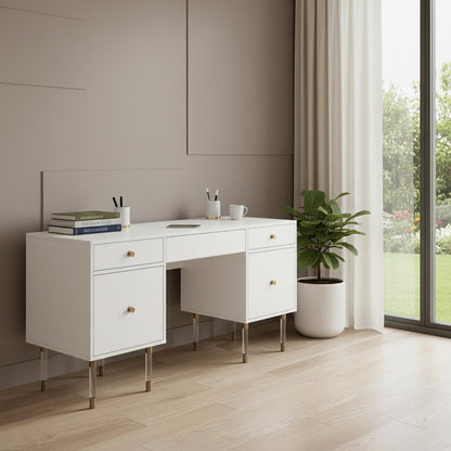55" White Writing Desk With Four Drawers HomeRoots