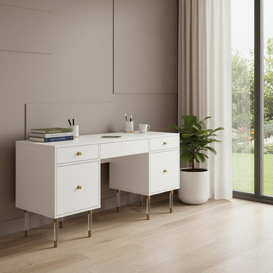 55" White Writing Desk With Four Drawers