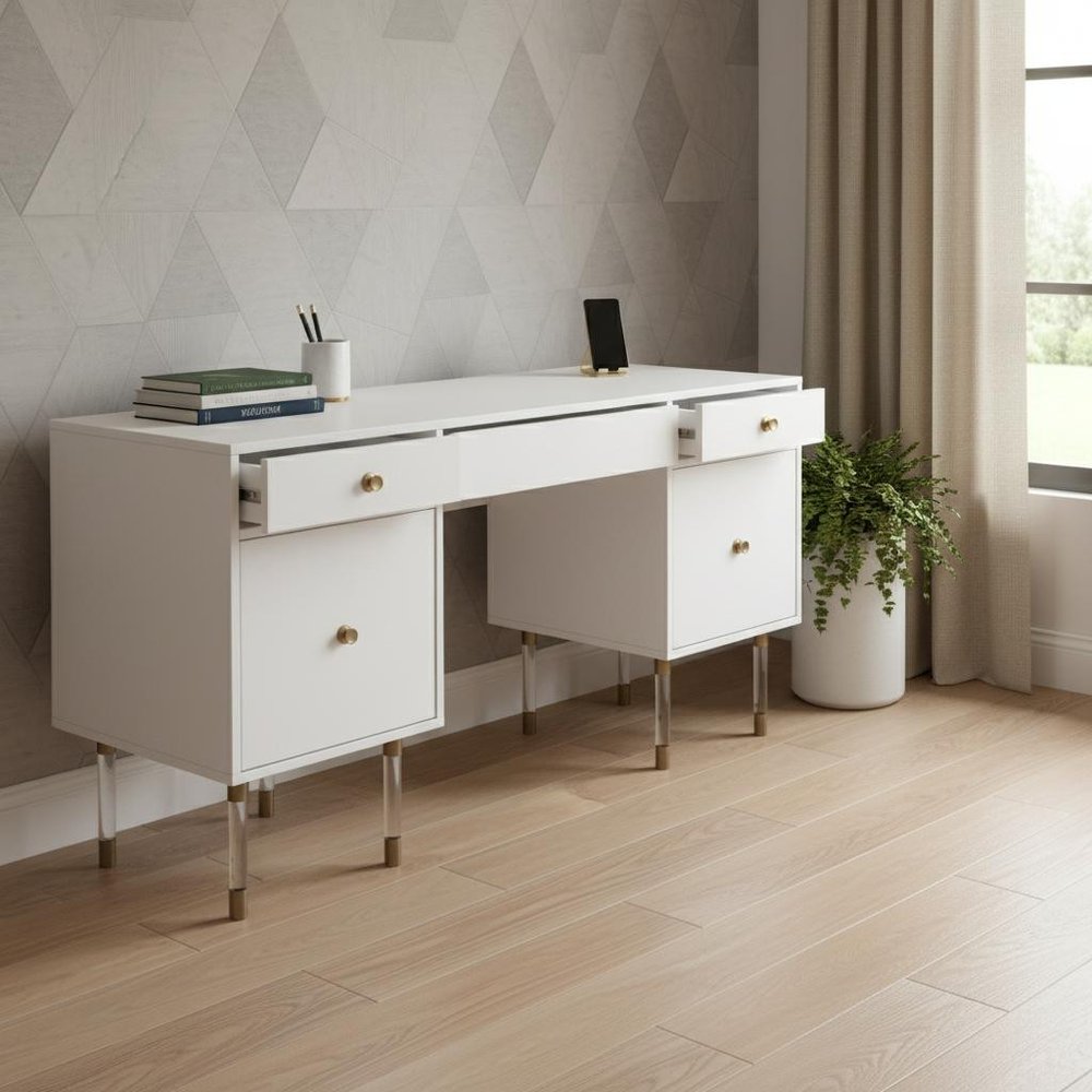 55" White Writing Desk With Four Drawers — view 2