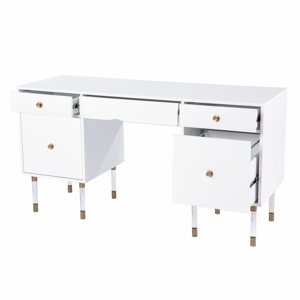 55" White Writing Desk With Four Drawers HomeRoots