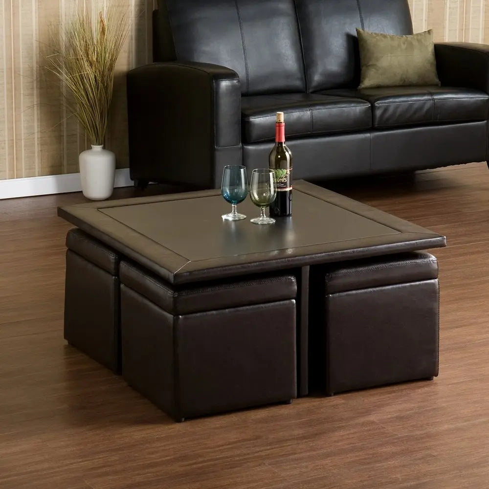 Five Piece Dark Brown Faux Leather Coffee Table and Storage Ottoman Set HomeRoots