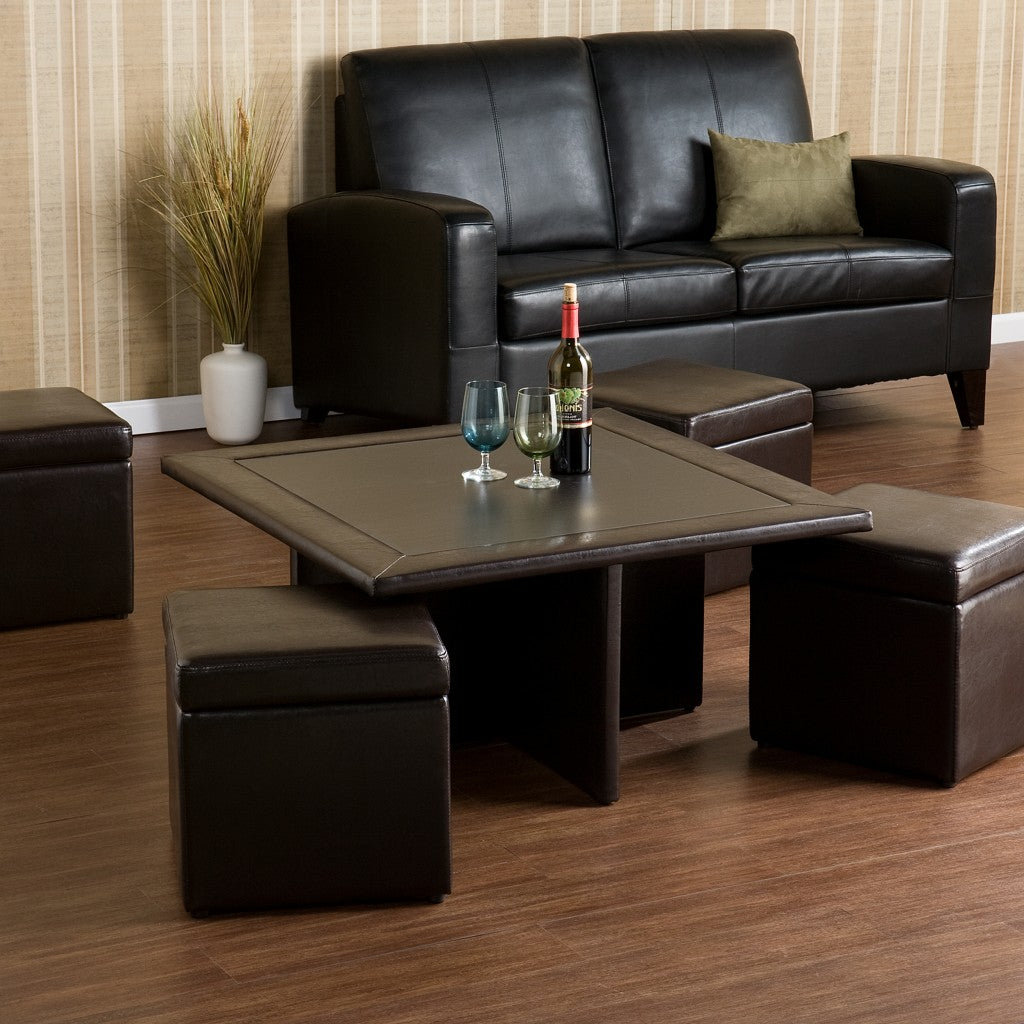 Five Piece Dark Brown Faux Leather Coffee Table and Storage Ottoman Set