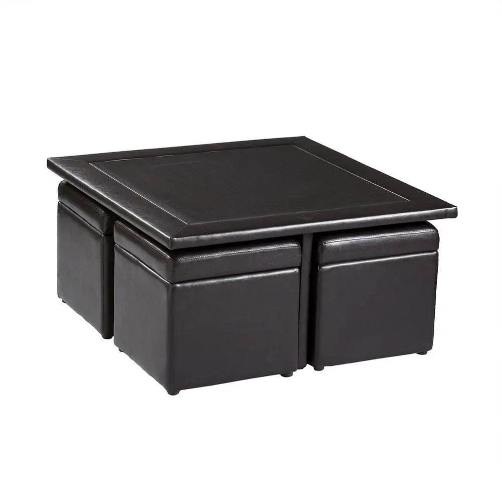 Five Piece Dark Brown Faux Leather Coffee Table and Storage Ottoman Set HomeRoots