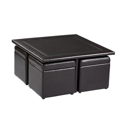 Five Piece Dark Brown Faux Leather Coffee Table and Storage Ottoman Set HomeRoots