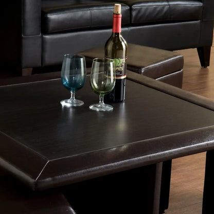Five Piece Dark Brown Faux Leather Coffee Table and Storage Ottoman Set HomeRoots