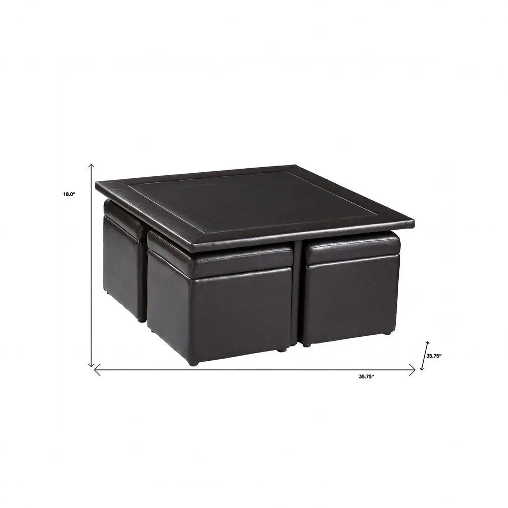 Five Piece Dark Brown Faux Leather Coffee Table and Storage Ottoman Set HomeRoots